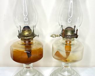 Set of 2 Antique Clear Glass Oil Lamps