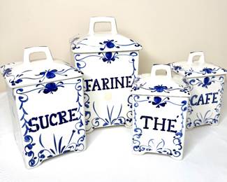 Vintage Set of Blue and White French Jay Willfred Ceramic Canisters