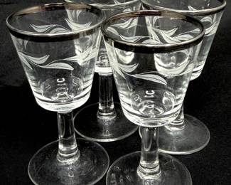 Set of 4 Cristal D’Arques Silver Rimmed Etched Shot Glasses