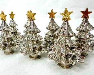 Set of 7 Department 56 Silver Plated Pewter Christmas Tree Place Card Holders