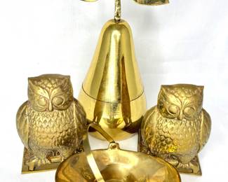 Brass Lot - Pear Container, Owl Bookends, and Small Basket