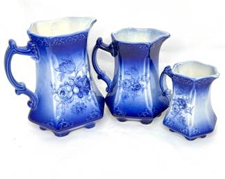 Set of 3 Royal Crownford Flow Blue Pitchers