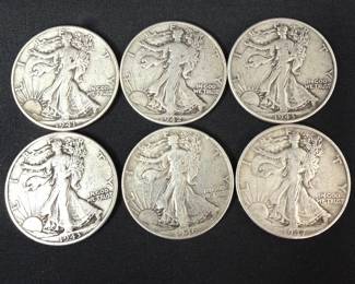 Set of 6 Walking Liberty Silver Half Dollar Coins