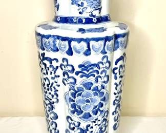 Vintage Tall Large Cobalt Blue And White Hand Painted Floral Vase