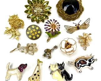 Vintage Estate Brooch Lot - Dogs, Flowers, Giraffe