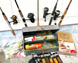Lot of 5 Fishing Rods with Tackle Box and Lures