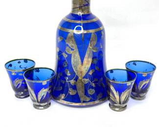 Vintage Cobalt Blue with Silver Overlay Decanter and 4 Matching Shot Glasses