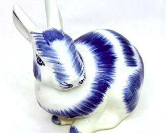 Vintage Blue and White Glazed Stoneware Rabbit Statue