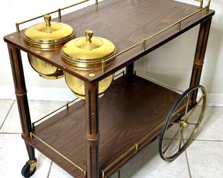 Authentic MCM Wood Bar Cart with Brass Accents and Solid Brass Ice Buckets