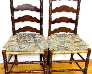 Set of 2 Antique Wood Wicker Chairs with Beautiful Tapestry Cushions