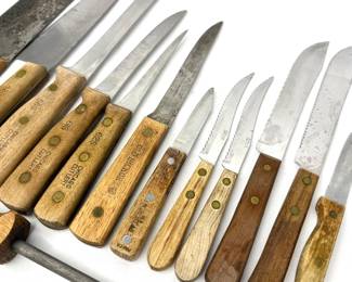 Lot of 12 Wood Handle Knives and 1 Wood Handle Knife Sharpener