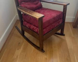 Oak Rocking Chair with Burgundy Damask Cushions
