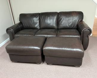 Brown leather loveseat sofa with 2 ottomans