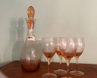 #127	11" tall decanter set 5 pc etched grape pattern on pink glass	 $20.00 