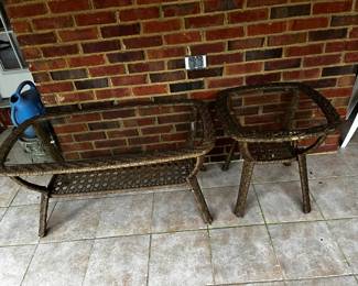 #87	Outdoor plastic wicker coffee table w glass top 24x23x20" and end table 21" square x 22" As Is weave	 $30.00 