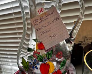 #110	Fifth Ave Crystal hand painted Venetian Fruit 9 5/8" tall Pitcher	 $25.00 