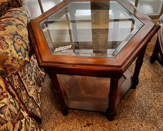 #14	Octagon beveled glass top table w caning on bottom shelf 27x24x21	 $45.00 
