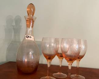 #127	11" tall decanter set 5 pc etched grape pattern on pink glass	 $20.00 