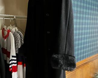 #168	Women's black wool coat with rabbit fur collar and cuffs full length size small	 $25.00 