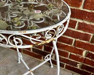 #88	Iron glass top white painted end table w roses 14" round x 24" tall as is rust	 $30.00 
