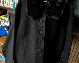 #169	women's black wool jacket size medium by Lisa. Faux fur collar	 $20.00 