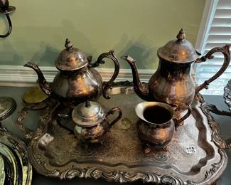 #118	Silverplate tea and coffee set on footed tray 32x14x1" w sugar/creamer by Rogers	 $45.00 