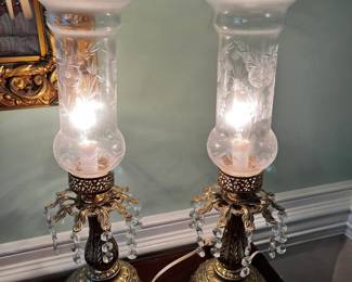 #130	Pair of gold metal base buffet lamps 17.5" tall with hanging glass prisms and etched globes	 $120.00 