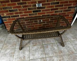 #87	Outdoor plastic wicker coffee table w glass top 24x23x20" and end table 21" square x 22" As Is weave	 $30.00 