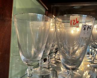 #126	8 pc water glasses w silver trim 6.5" tall	 $25.00 
