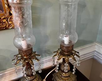 #130	Pair of gold metal base buffet lamps 17.5" tall with hanging glass prisms and etched globes	 $120.00 