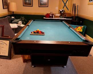 #50	MCM Pool table by FW w 4 pool cues, stand, counter and balls Includes cover 99x53x31" UPSTAIRS YOU MOVE	 $175.00 