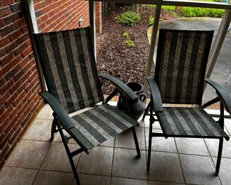 #90	PAIR of metal and mesh outdoor folding chairs green stripe	 $30.00 