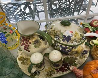 #147	7 pc Pottery by WCL Grapes pattern Pitcher, salt and pepper, tray, soup tureen 	 $25.00 