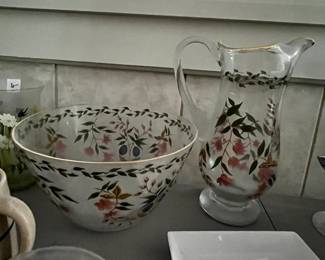 #159	2 pc set 11" round x 6" h bowl and Pitcher 12" tall hand painted	 $24.00 