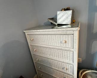 #66	Wicker by Henry Link white wicker chest of drawers w 5 drawers 34x20x48" AS IS missing knob	 $75.00 