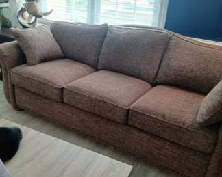 #202	Lazy boy Couch  92 long x 36 deep. Attach back cushion Dark Brown cream Tweed 	 $150.00 						