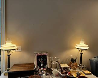 #17	Pair of table lamps Brass w marble base and glass globe. HEAVY	 $100.00 