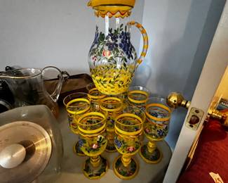 #72	Hand painted pitcher grapes w yellow trim 8 stem glasses	 $20.00 