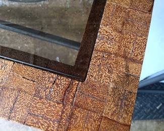#203		Darker brown metal sofa table 2 glas shelves 42x16x30	 $60.00 			