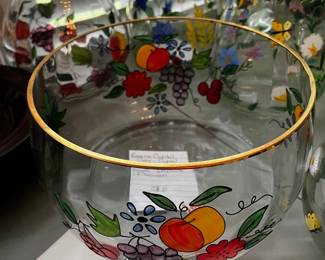 #106	Romania Crystal Clear Venetian bowl w hand painted fruit and flowers gold trim	 $25.00 