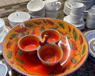 #152	Chip and Dip Clay Art pottery serving bowl 17" round w 3 dip/condiment server	 $20.00 