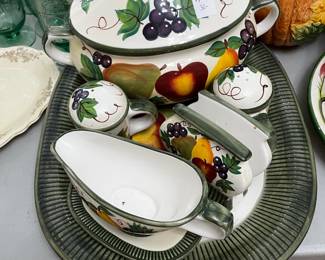 #146	Pottery by WCL 8 pc Fruit pattern serving set Soup tureen, gravy, salt and pepper, napkin holder	 $30.00 