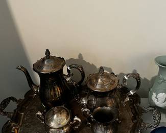 #199	Silverplate tea coffee set by Leonard w tray 5 pcs 	 $45.00 