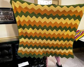 #49	42x56" Hand crocheted chevron green and tan blanket w scalloped edge	 $35.00 