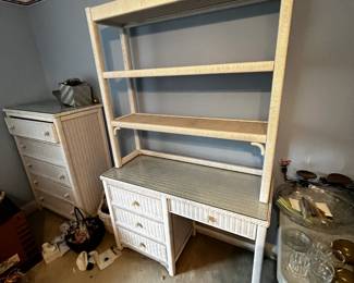 #65	Wicker Desk and Chair w 4 wood drawers, 2 helves white wicker protective glass top by Wicker by Henry Link 46.5x19.5.73"	 $90.00 
