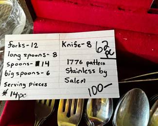 #132	1776 pattern stainless flatware set by Salem 62 pcs including 14 serving pcs in box	 $100.00 