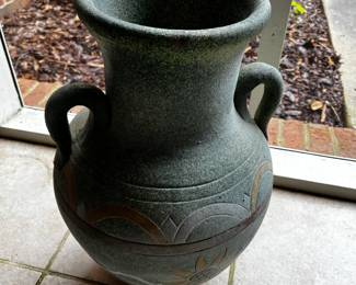 #89	Double handle painted pottery urn 18" tall 	 $25.00 