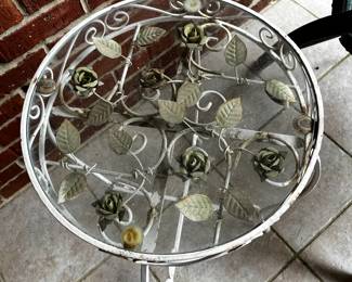#88	Iron glass top white painted end table w roses 14" round x 24" tall as is rust	 $30.00 