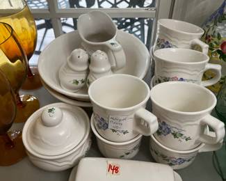 #148	Pfaltzgraph 17 pc lidded butter dish, cups, sugar/creamer, salt and pepper	 $40.00 