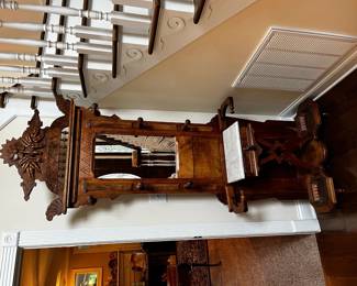 #11 Wood hall tree with carved floral design and marble top 31x10x84 $275.00